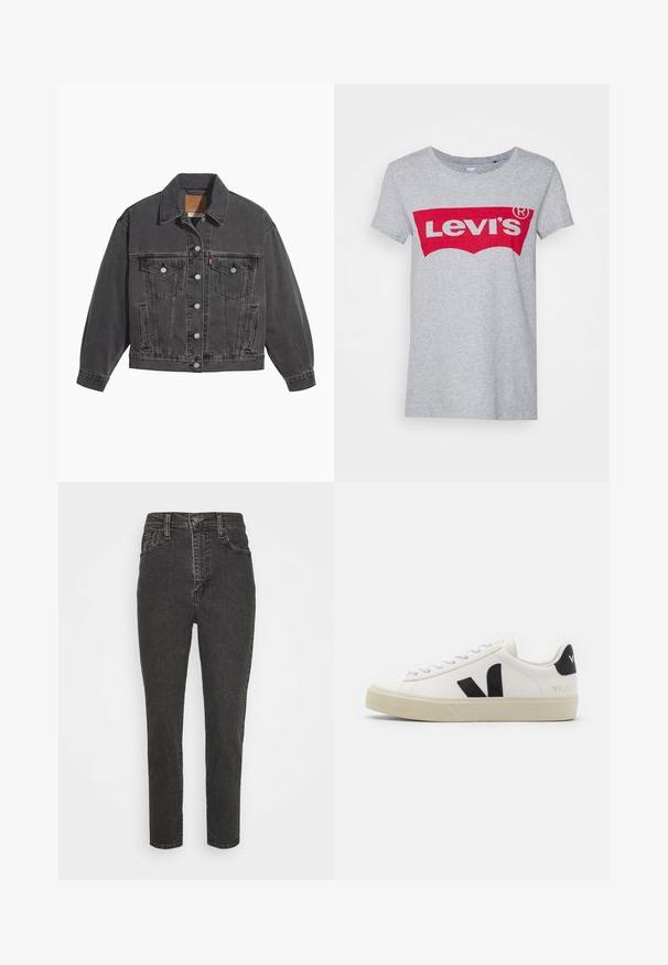 Zwarte spijkerjas met een klassieke kraag, twee borstzakken, zilveren knoopsluitingen en een licht vervaagde structuur.; Grijze katoen t-shirt met een groot rood Levi's logo over de borst, met een klassieke ronde hals en korte mouwen.; Zwarte denim jeans met hoge taille en een slim fit, voorzien van een knoopsluiting, riemlussen en een klassieke vijf-pocket ontwerp.; Witte leren sneaker met zwart rubberen V-logo. Getextureerde off-white zool, witte veters en een achterkant met een detail van de merknaam in het zwart.