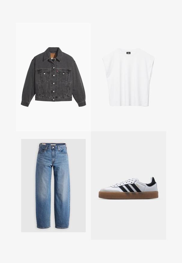 Čierna rifľová bunda so klasickým golierom, dvoma náprsné vreckami, striebornými gombíkmi a jemne vyblednutou textúrou.; Biely bezrukávový crop top s okrúhlym výstrihom, širokými ramenami a čiernou nášivkou "B6" vo vnútri goliera.; Svetlomodré džínsové nohavice rovného strihu vyrobené z denimu. Obsahujú klasický dizajn s piatimi vreckami a jemné vyblednutie pozdĺž nohavíc.; Biele kožené tenisky s čiernymi pruhmi, gumová podrážka, okrúhla špička, šnurovanie a mäkký sivý semišový špička.