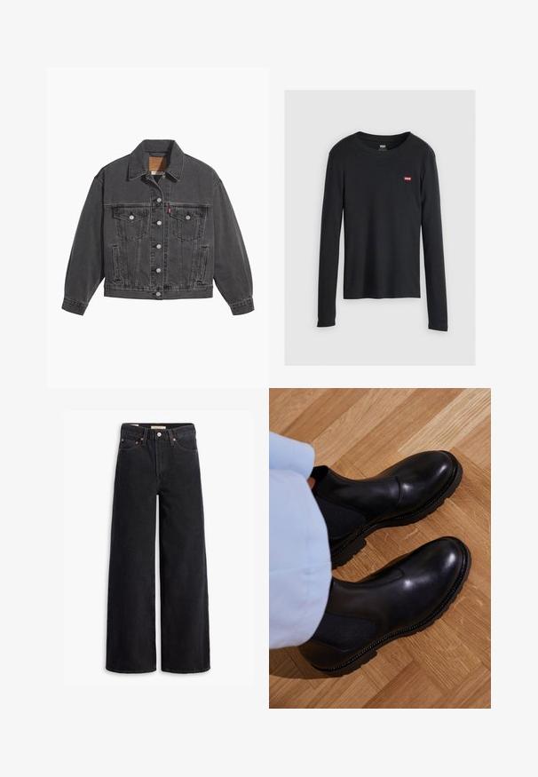 Zwarte spijkerjas met een klassieke kraag, twee borstzakken, zilveren knoopsluitingen en een licht vervaagde structuur.; Zwarte langemouwen T-shirt van katoen, met een ronde hals en een klein rood Levi's-logo op de linkerkant van de borst. Textuurstof.; Zwarte brede jeans gemaakt van denim, met vijf zakken, koperen klinknagels en een klassieke knoopsluiting. Glad van textuur met een strakke uitstraling.; Zwarte enkellaarzen van soepel leer met elastische zijpanelen, een getextureerde rubberen zool en contrasterende stiklijnen langs de rand.