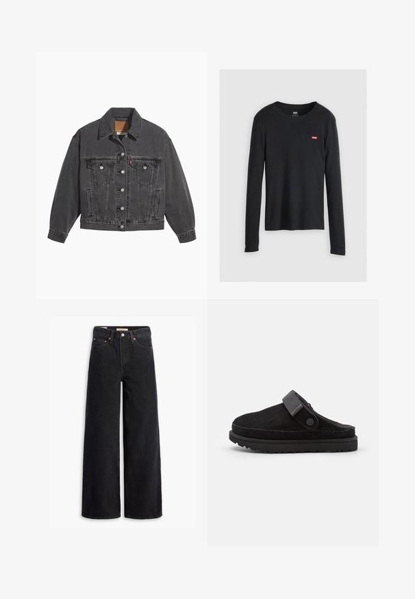 Zwarte spijkerjas met een klassieke kraag, twee borstzakken, zilveren knoopsluitingen en een licht vervaagde structuur.; Zwarte langemouwen T-shirt van katoen, met een ronde hals en een klein rood Levi's-logo op de linkerkant van de borst. Textuurstof.; Zwarte brede jeans gemaakt van denim, met vijf zakken, koperen klinknagels en een klassieke knoopsluiting. Glad van textuur met een strakke uitstraling.; Zwarte suède instap klompen met een ronde neuzen, zachte textuur, verstelbare band en een dikke rubberen zool met een patroonprofiel voor grip.