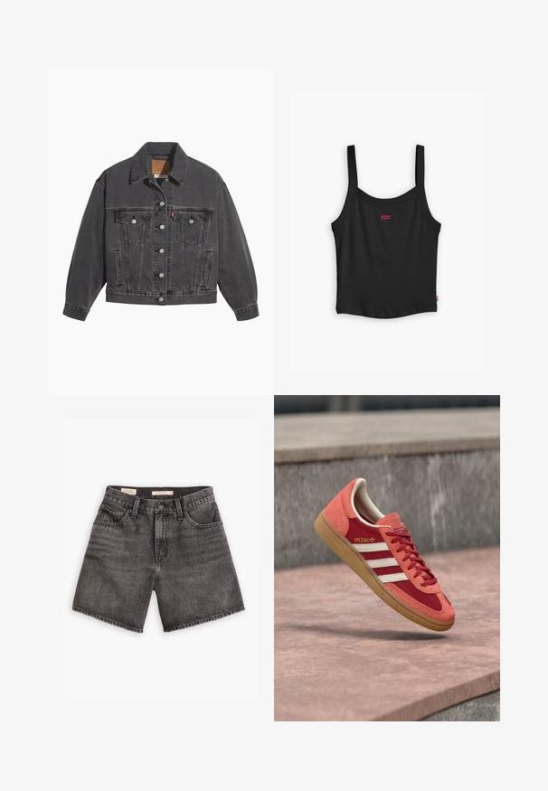 Zwarte spijkerjas met een klassieke kraag, twee borstzakken, zilveren knoopsluitingen en een licht vervaagde structuur.; Zwarte geribbelde tanktop met dunne bandjes, voorzien van een klein rood Levi's-logo aan de voorkant en een rechte zoom.; Zwarte denim shorts met een hoge taille, twee voorkruiszakken en een knoopsluiting. Heeft een vervaagde textuur en een rechte zoom.; Rode en oranje Adidas Spezial sneaker met witte strepen en rubberen zool die boven een betonnen oppervlak en trappen op de achtergrond zweeft.