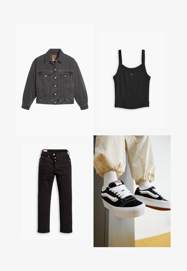 Sort denimjakke med klassisk krave, to brystlommer, sølvfarvede knapper og en let falmet tekstur.; Sort ribbet tanktop med tynde stropper, med et lille rødt Levi's-logo i midten foran og en lige nederste kant.; Sorte lige jeans med knaplukning, front- og baglommer samt kobbernitte detaljer på en hvid baggrund.; Person iført sorte og hvide Vans sneakers med hvide snørebånd, hvide sokker og beige bukser med elastiske manchetter.