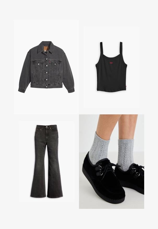 Veste en denim noir avec un col classique, deux poches poitrine, des boutons argentés et une texture légèrement délavée.; Débardeur noir à côtes avec des fines bretelles, arborant un petit logo rouge Levi's au centre devant et un ourlet droit.; Jean en denim noir taille haute avec une jambe évasée, conception à cinq poches et accents en rivets cuivrés.; Chaussures en velours noir avec semelles plates, bout rond et œillets doubles. Portées avec des chaussettes en tricot à torsades grises. Texture lisse et design simple.