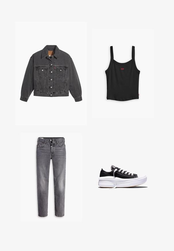 Sort denimjakke med klassisk krave, to brystlommer, sølvfarvede knapper og en let falmet tekstur.; Sort ribbet tanktop med tynde stropper, med et lille rødt Levi's-logo i midten foran og en lige nederste kant.; Grå denim jeans med høj talje. Har fem lommer, knap- og lynlåslukning samt en subtil falmet tekstur med kontrasterende syninger.; Sort lavt liggende lærreds-sneaker med hvide snørebånd og tyk, flerlags hvid gummisål mod en hvid baggrund.