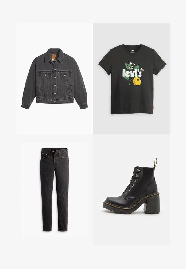 Sort denimjakke med klassisk krave, to brystlommer, sølvfarvede knapper og en let falmet tekstur.; Sort bomulds t-shirt med et citronmotiv, hvid tekst der står "levi's," og blomsterdekorationer i grøn og hvid. Korte ærmer, rund hals.; Sorte denim jeans med lige ben, der har fem lommer, kobberhardware og en let slidte måde.; Sorte læder ankelstøvler med en kraftig høj hæl, snørebånd foran, metaløjer og gule sting langs sålen. Tekstureret gummisål.