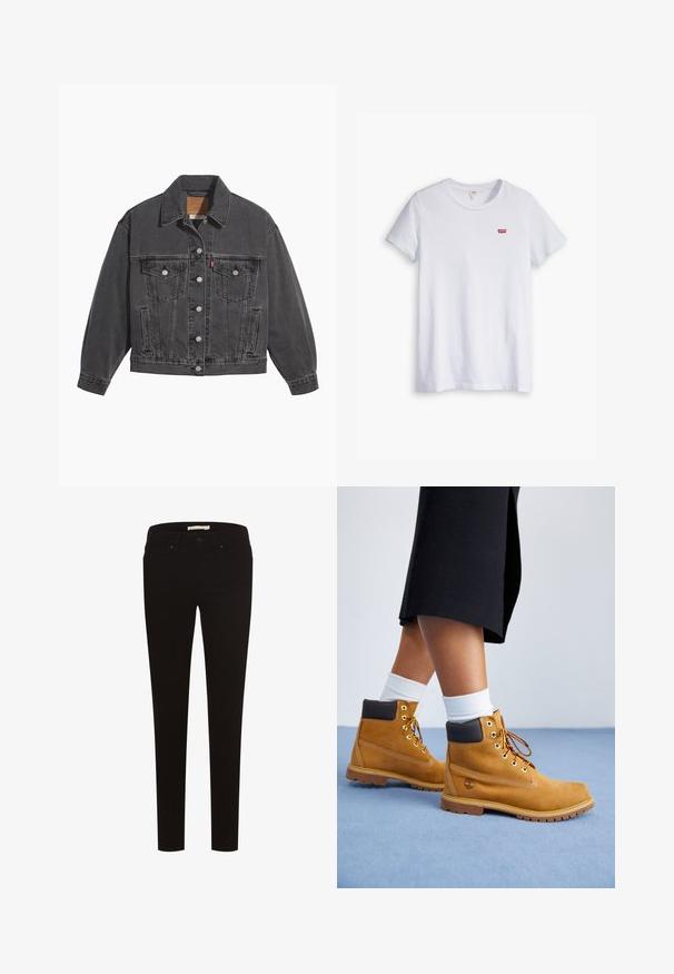 Sort denimjakke med klassisk krave, to brystlommer, sølvfarvede knapper og en let falmet tekstur.; Hvid bomulds t-shirt med korte ærmer og rund halsudskæring. Har et lille rødt Levi's-logo på venstre brystområde.; Sorte skinny jeans lavet af strækstof, med et klassisk fem-lomme design, knaplukning og bælteløkker. Glat tekstur hele vejen igennem.; Tan ruskindsankelstøvler med brune læderdetaljer, guldøjer og en struktureret sål. Hvide sokker synlige over støvlerne.