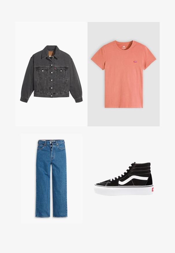 Sort denimjakke med klassisk krave, to brystlommer, sølvfarvede knapper og en let falmet tekstur.; Solid koralfarvet t-shirt med korte ærmer og rund halsudskæring med lille rødt Levi's-logo på venstre bryst.; Blå denim lige ben jeans med høj talje, fem lomme design og knaplukning. Markante syninger og kobberfarvede nitter.; Sorte høj-top sneakers med hvide snørebånd, et hvidt logo og kontrasterende hvid syning. Har en tyk hvid sål og struktureret ruskindsoverdel.