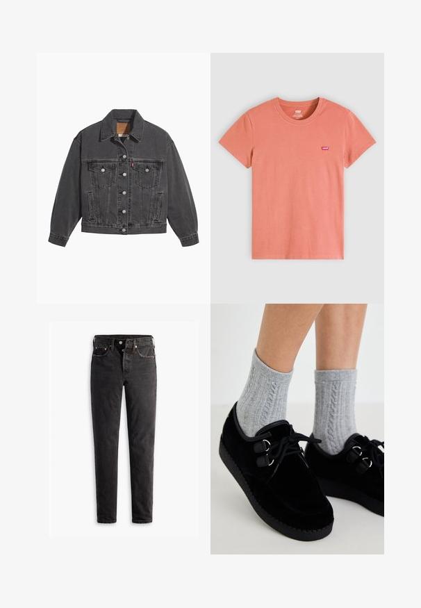 Zwarte spijkerjas met een klassieke kraag, twee borstzakken, zilveren knoopsluitingen en een licht vervaagde structuur.; Effen koraalkleurig T-shirt met korte mouwen en ronde hals met klein rood Levi's-logo op de linkerborst.; Zwarte denim jeans met een rechte pijp, voorzien van vijf zakken, koperen hardware en een licht vervaagde textuur.; Zwarte velvet schoenen met platte zolen, ronde neus en dubbele vetergaatjes. G gedragen met grijze kabelgebreide sokken. Glad textuur en eenvoudig ontwerp.
