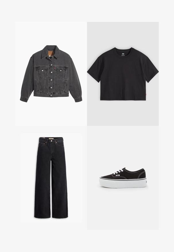 Chaqueta de mezclilla negra con cuello clásico, dos bolsillos en el pecho, cierres con botones plateados y una textura ligeramente desgastada.; Camiseta negra corta de manga corta con cuello redondo y pequeña etiqueta roja de Levi's en la costura lateral, colocada plana sobre un fondo gris claro.; Jeans de pierna ancha negros hechos de denim, con cinco bolsillos, remaches de cobre y un cierre clásico de botón. Textura suave con un diseño limpio.; Zapatilla de lona negra con suela de plataforma de goma blanca, que presenta cordones y costuras blancas, con branding icónico en el lateral, diseño de corte bajo.