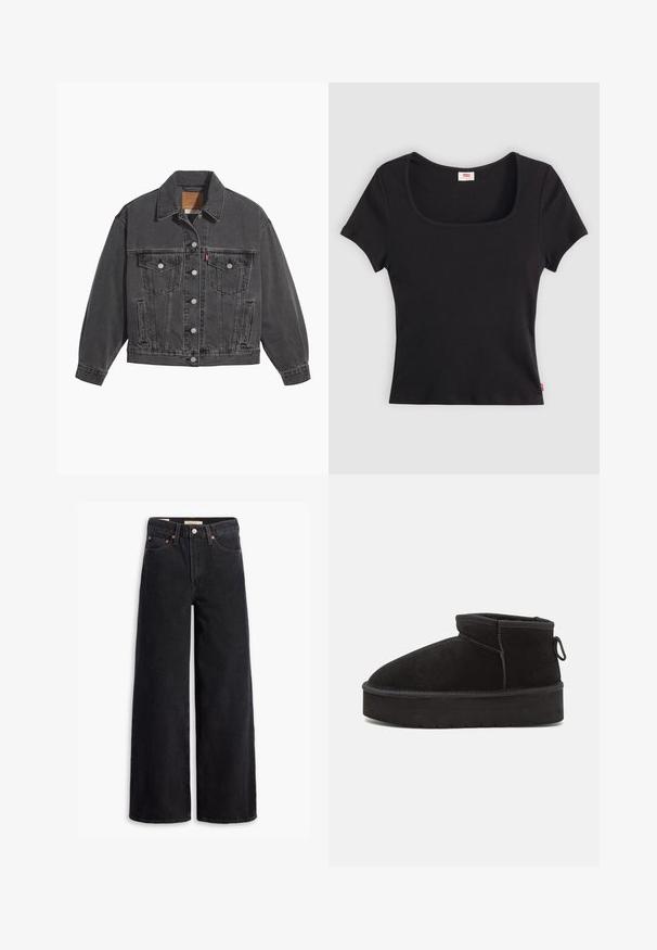 Sort denimjakke med klassisk krave, to brystlommer, sølvfarvede knapper og en let falmet tekstur.; Sort kortærmet top lavet af ribbet stof, med en bred firkantet udkæring og en tætsiddende pasform, udstyret med et lille rødt logo-tag nederst.; Sorte brede benjeans lavet af denim, med fem lommer, kobbernitter og en klassisk knaplukning. Glat tekstur med et rent design.; Sorte ruskinds ankelstøvler med en rund tå, der har en forhøjet sål og en sidesløjfe for nem påtagning. Designet er enkelt med minimale detaljer.