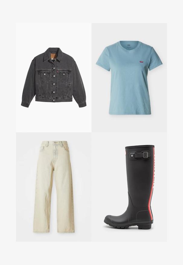 Zwarte spijkerjas met een klassieke kraag, twee borstzakken, zilveren knoopsluitingen en een licht vervaagde structuur.; Lichtblauw T-shirt met korte mouwen en ronde hals, met een rode Levi's logopatch op de linkerborst, tegen een witte achtergrond.; Brede denimjeans in een licht beige tint, met voorzakken, een hoge taille en subtiele stikdetails. Gemaakt van textuurdenim.; Zwarte rubberen regenlaars met een getextureerd oppervlak, hoog ontwerp, verticale strepen in rood en wit, verstelbare riem en gespdetail.