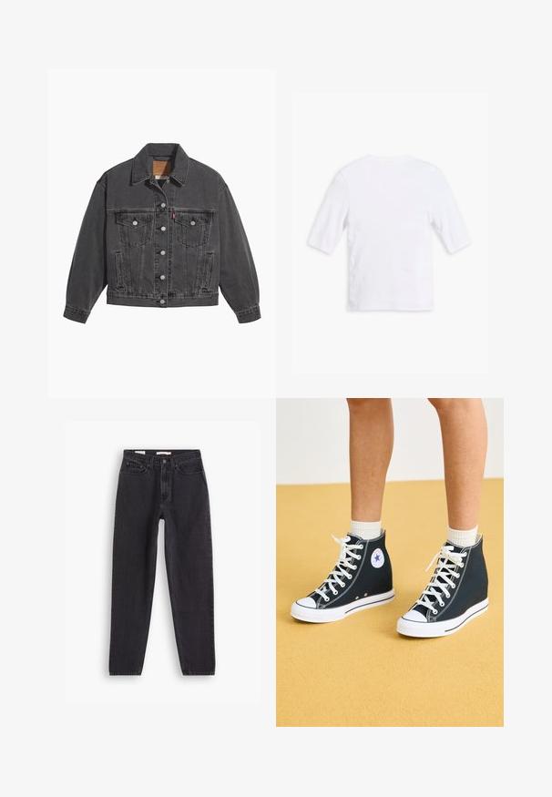 Sort denimjakke med klassisk krave, to brystlommer, sølvfarvede knapper og en let falmet tekstur.; Hvid bomulds t-shirt med korte ærmer, rund halsudskæring og en glat overflade. Ingen synlige mønstre eller udsmykninger.; Sorte denim jeans med lige ben-design, der har fem lommer, lukning med knap foran og syninger langs sømmene.; Høje sneakers i mørkeblåt kanvas med hvide gummisåler, snørebånd og detaljer. Har et rundt logo og hvide syninger.