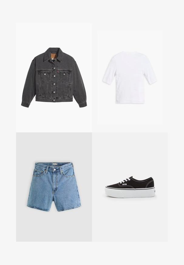 Sort denimjakke med klassisk krave, to brystlommer, sølvfarvede knapper og en let falmet tekstur.; Hvid bomulds t-shirt med korte ærmer, rund halsudskæring og en glat overflade. Ingen synlige mønstre eller udsmykninger.; Lyseblå cowboyshorts med forreste knap og lynlås, bæltestropper og fem-lommer design mod en ensfarvet baggrund.; Sort lærred sneakers med en hvid gummi platform sål, der har hvide snørebånd og syninger, ikonisk branding på siden, lav-top design.