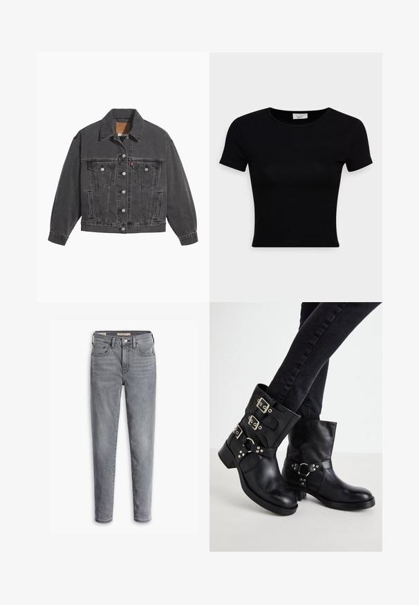 Veste en denim noir avec un col classique, deux poches poitrine, des boutons argentés et une texture légèrement délavée.; T-shirt noir à manches courtes en coton lisse, avec un col rond et une coupe ajustée. Minimaliste, sans motifs visibles.; Jean en denim gris à coupe slim, comportant cinq poches, une fermeture à bouton et un dégradé subtil pour un look usé.; Bottines en cuir noir avec trois accents de boucle, bout arrondi et un petit talon carré. Le design présente des panneaux lisses et texturés.