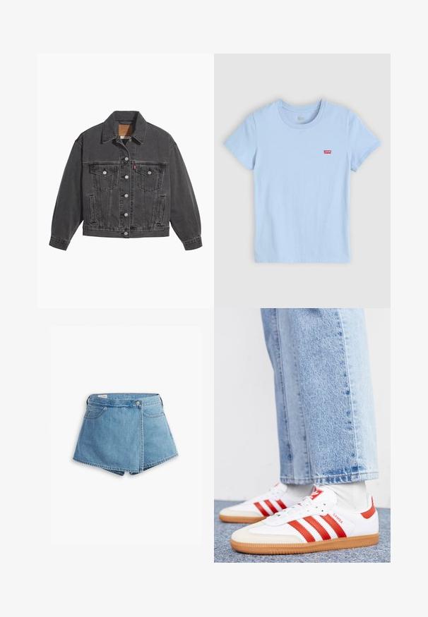Zwarte spijkerjas met een klassieke kraag, twee borstzakken, zilveren knoopsluitingen en een licht vervaagde structuur.; Lichtblauw katoenen t-shirt met een ronde hals en korte mouwen. Heeft een klein rood Levi's logo op de linkerborst.; Lichtblauwe denimshorts met een wikkelontwerp, verstelbare zakken aan de voorkant en een metalen knoopsluiting. Soepele textuur met gestikte randen.; Witte leren sneakers met rode strepen en accenten. Voorzien van een getextureerde gumrubberen outsole en een gevoerde kraag. Draag ze met lichtblauwe denim.