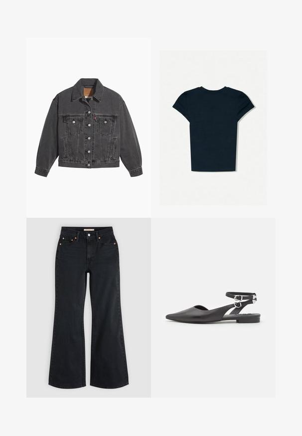 Sort denimjakke med klassisk krave, to brystlommer, sølvfarvede knapper og en let falmet tekstur.; Kortærmet marineblå t-shirt med rund hals. Lavet af blødt bomuld, den har et simpelt, uudstyret design uden mønstre eller grafik.; Sort højttaljede jeans med vide ben, frontknap og lynlås, bæltestropper og fem-lomme design.; Sorte læderflade sko med spids tå, ankelrem og spænde detaljer. Har en lille, lav hæl og et åbent sides design.