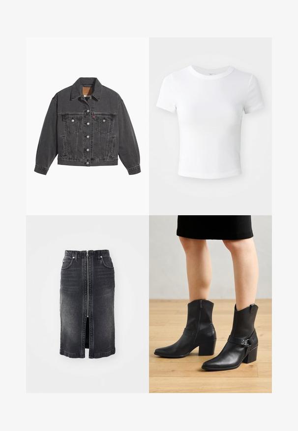 Zwarte spijkerjas met een klassieke kraag, twee borstzakken, zilveren knoopsluitingen en een licht vervaagde structuur.; Effen witte cropped t-shirt met korte mouwen en ronde hals, weergegeven op een neutrale lichte achtergrond.; Zwarte denim rok met een ritssluiting aan de voorkant, twee zijzakken, een middelmatig lange snit en subtiele vervaging. Heeft een rechte snit en afgewerkte randen.; Zwarte leren enkellaarzen met een puntige neus, ritssluiting, gebogen hak en een decoratieve band met metalen accenten.