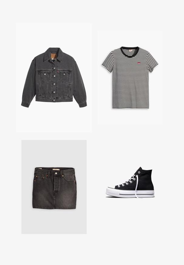 Veste en denim noir avec un col classique, deux poches poitrine, des boutons argentés et une texture légèrement délavée.; T-shirt à rayures noires et blanches en coton. Il présente un col rond et un petit logo rouge Levi's sur la poitrine. Manches courtes.; Jupe en denim noir avec cinq poches, fermeture à bouton en métal et coutures orange contrastantes. Présente une coupe droite et un minimum d'effilochage.; Baskets montantes en toile noire avec semelle en caoutchouc blanche et lacets blancs, vues de côté sur un fond blanc.