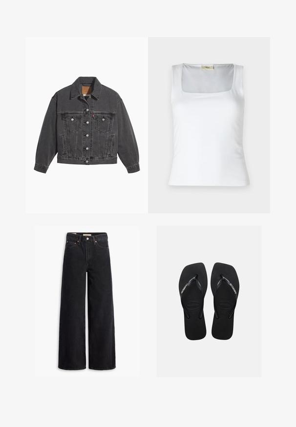 Black denim jacket featuring a classic collar, two chest pockets, silver button closures, and a slightly faded texture.; White square-neck tank top made of smooth fabric. Features wide straps and a fitted silhouette. No visible patterns or embellishments.; Black wide-leg jeans made of denim, featuring five pockets, copper rivets, and a classic button closure. Smooth texture with a clean design.; Black rubber flip-flops with textured soles and thin straps featuring the Havaianas logo in white on a plain background.