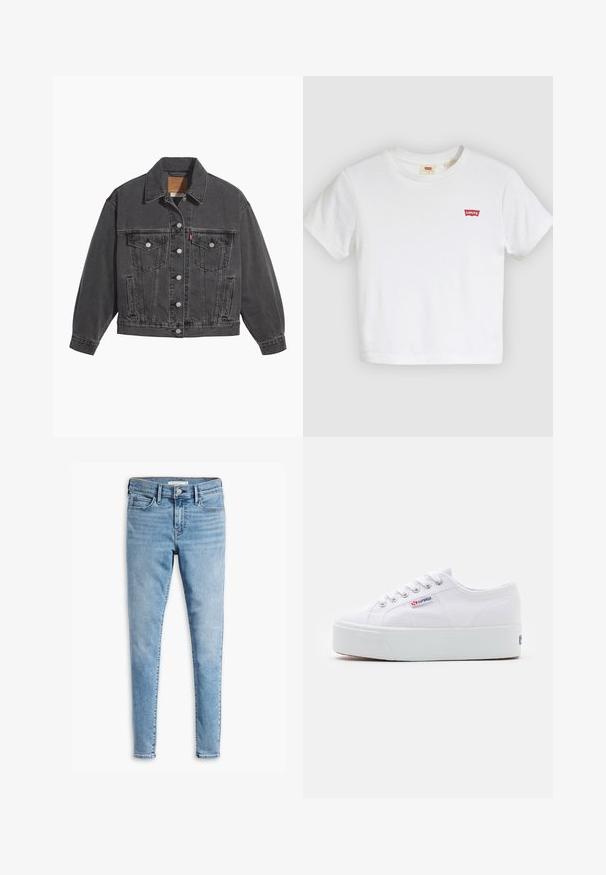 Sort denimjakke med klassisk krave, to brystlommer, sølvfarvede knapper og en let falmet tekstur.; Hvid T-shirt med korte ærmer og rund halsudskæring med lille rødt Levi's-logo på venstre bryst.; Lyseblå super skinny jeans med frontknap og lynlås, bæltestropper og fem lommers design.; Hvide canvas sneakers med en tyk hvid platformssål, rund tå og metaløjelets til snørebånd. Mærkets logo præsenteret på siden.