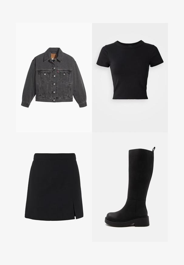 Chaqueta de mezclilla negra con cuello clásico, dos bolsillos en el pecho, cierres con botones plateados y una textura ligeramente desgastada.; Camiseta corta negra hecha de algodón sólido, con mangas cortas y un cuello redondo, de diseño suave y sencillo.; Minifalda negra línea A con cintura alta y una pequeña abertura en el lado delantero derecho.; Bota alta negra con suela gruesa y tacón bajo de bloque, textura lisa y pequeño lazo en la parte trasera superior para facilitar el calzado.