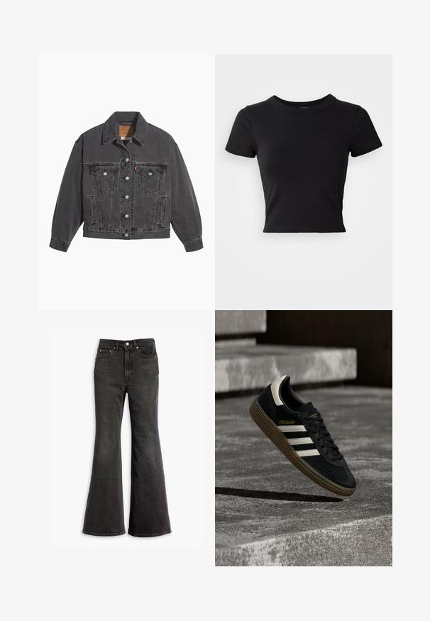 Sort denimjakke med klassisk krave, to brystlommer, sølvfarvede knapper og en let falmet tekstur.; Sort cropped t-shirt lavet af solid bomuld, med korte ærmer og rund halsudskæring, med et glat og enkelt design.; Sorte højtaljede denim jeans med flagrende ben, fem-lomme design og kobbernitter.; Sort Adidas-sneaker med hvide striber og gummisåler, svævende over grå betontrapper i naturligt lys.