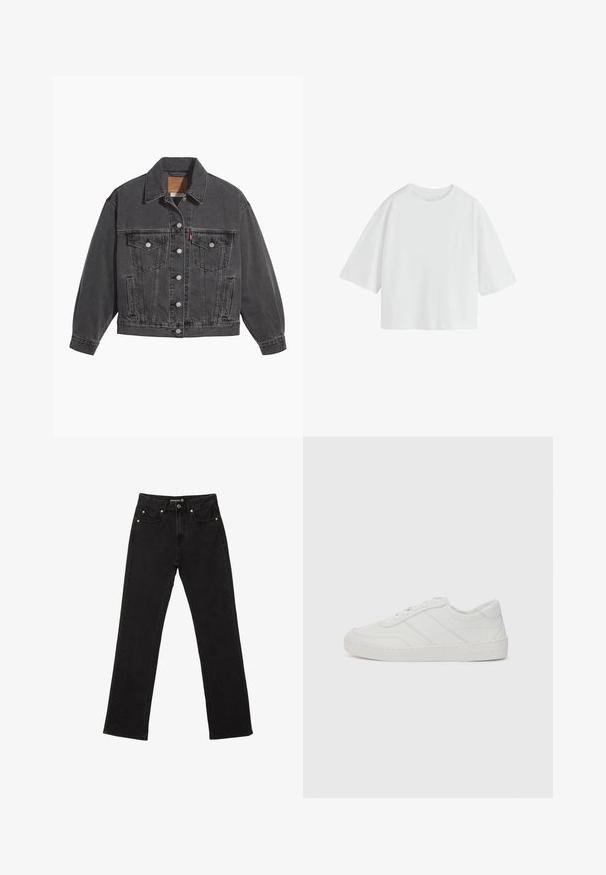 Sort denimjakke med klassisk krave, to brystlommer, sølvfarvede knapper og en let falmet tekstur.; Simpel hvid oversized T-shirt med korte ærmer, rund hals og løs pasform.; Sorte denim jeans med lige ben, fem lommer og diskrete kobbernitter. Lavet af slidstærkt bomuldsstof.; Hvide lædersneakers med flade snørebånd, rund tå og subtile syningsdetaljer. Har en struktureret sål og præget brandlogo på hælen.