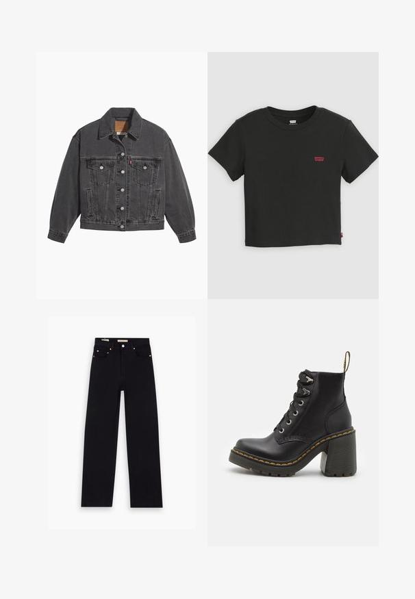 Zwarte spijkerjas met een klassieke kraag, twee borstzakken, zilveren knoopsluitingen en een licht vervaagde structuur.; Zwart Levi's cropped T-shirt met korte mouwen, ronde hals en klein rood Levi's-logo op de linkerborst.; Zwarte denim jeans met een recht model, vijf zakken, koperen hardware en een gladde textuur. Twee labels zichtbaar op de tailleband.; Zwarte leren enkelboot met een dikke hoge hak, vetersluiting aan de voorkant, metalen oogjes en gele stiksels langs de zool. Getextureerde rubberen zool.