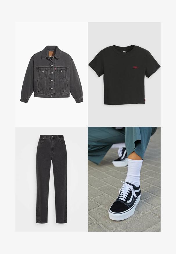 Zwarte spijkerjas met een klassieke kraag, twee borstzakken, zilveren knoopsluitingen en een licht vervaagde structuur.; Zwart Levi's cropped T-shirt met korte mouwen, ronde hals en klein rood Levi's-logo op de linkerborst.; Zwarte denim jeans met rechte pijpen en hoge taille, met een knoop en rits aan de voorkant en vijf zakken, op een witte achtergrond.; Zwarte suède sneaker met witte accenten en veters, uitgerust met een dikke witte zool en contrasterende stiksels, gecombineerd met een witte sok.