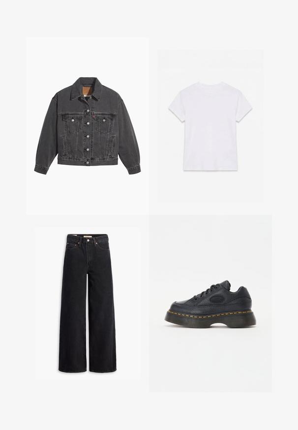 Sort denimjakke med klassisk krave, to brystlommer, sølvfarvede knapper og en let falmet tekstur.; Hvid kortærmet t-shirt i bomuld med rund hals, lagt fladt på en hvid baggrund.; Sorte brede benjeans lavet af denim, med fem lommer, kobbernitter og en klassisk knaplukning. Glat tekstur med et rent design.; Sort lædersneaker med struktureret overflade, rund tå og tyk plateau sål. Har gule kontrastsyninger og et mærke-logo på siden.