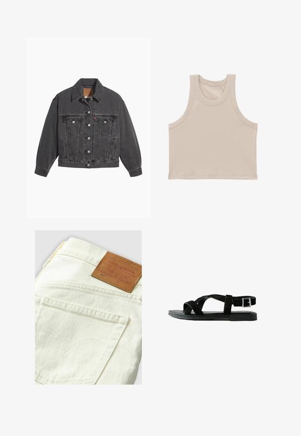 Chaqueta de mezclilla negra con cuello clásico, dos bolsillos en el pecho, cierres con botones plateados y una textura ligeramente desgastada.; Top corto sin mangas de canalé beige con sisas anchas y escote redondo.; Jeans Levi's 501 de color crema con parche de cuero marrón, con costuras en los bolsillos traseros en forma curva y un diseño clásico de denim.; Sandalia plana negra con correas cruzadas y una correa ajustable en el tobillo con una hebilla plateada, vista de lado sobre un fondo blanco.