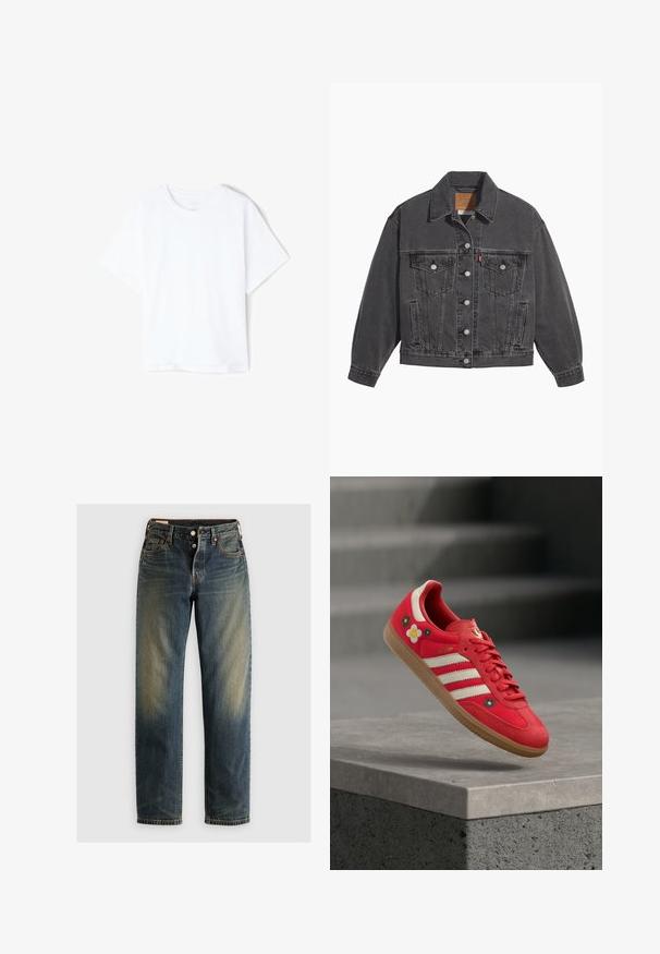 Sort denimjakke med klassisk krave, to brystlommer, sølvfarvede knapper og en let falmet tekstur.; Enkelt hvid bomulds T-shirt med korte ærmer og rund hals, vist fladt på en hvid baggrund.; Blå denim jeans med lige ben, der har en falmet finish, to forlommer, en knappeslutzning og syninger.; Rød sportssko med hvide striber, blomsterbroderi og gummisål. Glat stof med ruskindsdetaljer. Model: Samba.