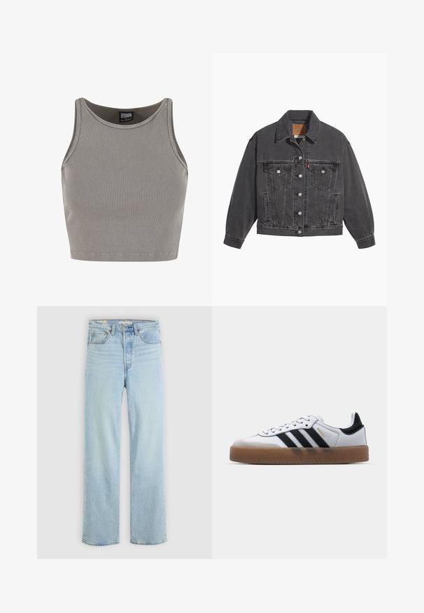 Sort denimjakke med klassisk krave, to brystlommer, sølvfarvede knapper og en let falmet tekstur.; Urban Classics CROPPED - Top - steelgrey; Lysblå denim jeans med lige ben, der har fem lommer, en klassisk lynlås og synlige stikninger.; Hvide lædersneakers med sorte striber, gummirubber sål, rund tå, snørelukning og blød grå ruskinds tåhætte.