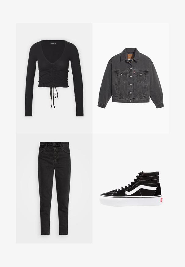 Veste en denim noir avec un col classique, deux poches poitrine, des boutons argentés et une texture légèrement délavée.; Top court à manches longues noir avec des côtes, présentant un décolleté en V profond, des détails froncés à l'avant et un lien ajustable à l'ourlet.; Jeans en denim noir taille haute avec une fermeture à bouton, cinq poches et une coupe slim. Texture lisse avec peu d'usure et sans ornements.; Baskets montantes noires avec des lacets blancs, un logo blanc et des coutures blanches contrastées. Dotées d'une épaisse semelle blanche et d'un dessus en daim texturé.