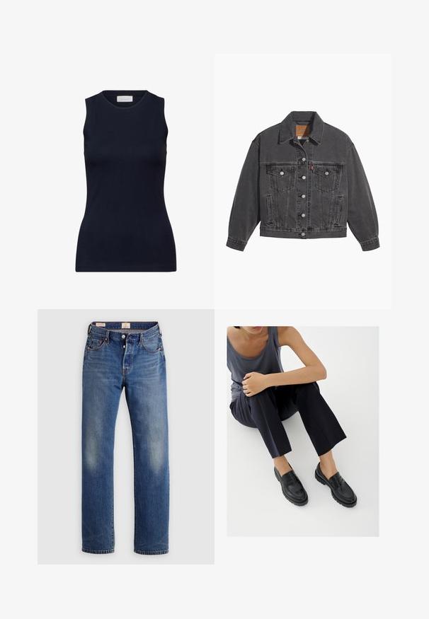 Sort denimjakke med klassisk krave, to brystlommer, sølvfarvede knapper og en let falmet tekstur.; Marineblå ærmeløs top lavet af glat bomuld, med en rund halsudskæring og en tætsiddende pasform uden pynt. Afslappet og alsidig.; Blå denimjeans med lige ben, der har en falmet tekstur, orange syninger og fem-lomme-design med metalbeslag.; Sorte læderloafers med teksturerede detaljer, lav hæl, rund tå og synlige syninger. Modellen bærer mørke bukser og en grå top.