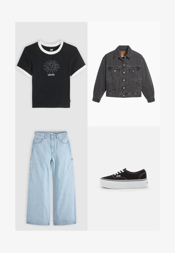 Veste en denim noir avec un col classique, deux poches poitrine, des boutons argentés et une texture légèrement délavée.; T-shirt noir à manches courtes Levi's avec bordure blanche au col et aux manches, présentant un graphisme blanc de soleil et de lune au-dessus du logo Levi's.; Jean en denim bleu clair à jambes larges avec poches avant, passants de ceinture et boucles latérales pour outils, posé à plat sur un fond gris.; Baskets en toile noires avec une semelle en caoutchouc blanc, dotées de lacets et de coutures blanches, marquage emblématique sur le côté, design basse.