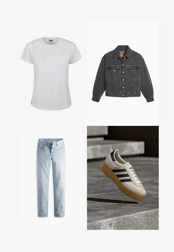 Veste en denim noir avec un col classique, deux poches poitrine, des boutons argentés et une texture légèrement délavée.; T-shirt en coton blanc avec un col rond classique, des manches courtes et un ourlet droit. Présente une étiquette avec "URBAN CLASSICS" en noir.; Jean en denim bleu clair avec une coupe droite, cinq poches et des fermetures à boutons métalliques sur une ceinture standard.; Baskets en daim beige avec des rayures noires, des lacets blancs et une semelle en caoutchouc gomme. Présente un logo "SPEZIAL" sur le côté.