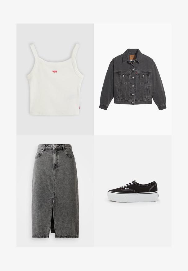 Veste en denim noir avec un col classique, deux poches poitrine, des boutons argentés et une texture légèrement délavée.; Crop top blanc côtelé avec fines bretelles et petit logo Levi's rouge au centre devant et sur la couture latérale.; Jupe midi en denim noir délavé, taille haute, avec fente frontale, passants de ceinture et design classique à cinq poches.; Baskets en toile noires avec une semelle en caoutchouc blanc, dotées de lacets et de coutures blanches, marquage emblématique sur le côté, design basse.