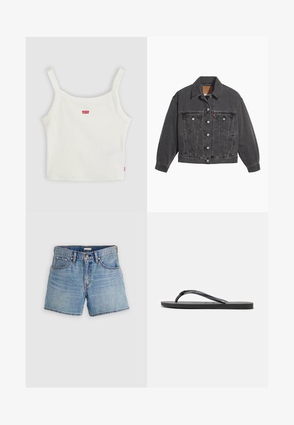 Veste en denim noir avec un col classique, deux poches poitrine, des boutons argentés et une texture légèrement délavée.; Crop top blanc côtelé avec fines bretelles et petit logo Levi's rouge au centre devant et sur la couture latérale.; Shorts en denim bleu clair, taille haute, avec cinq poches, une braguette zippée et un ourlet brut. Coutures classiques et texture légèrement délavée.; Tongs en caoutchouc noir avec semelle texturée et bride en forme de Y, vues de côté sur un fond blanc.