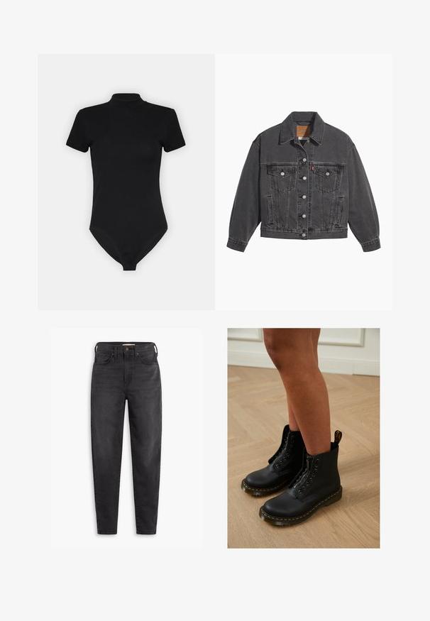 Sort denimjakke med klassisk krave, to brystlommer, sølvfarvede knapper og en let falmet tekstur.; Sort bodysuit med høj hals, korte ærmer og tætsiddende design. Lavet af et glat, strækbart stof med en sømløs bund.; Sorte højtaljede slim-fit jeans med for- og baglommer, knaplukning og bæltestropper, præsenteret på en hvid baggrund.; Sorte læder ankelstøvler med lynlås og snøredesign, der har gule stikninger og en tyk, struktureret sål.