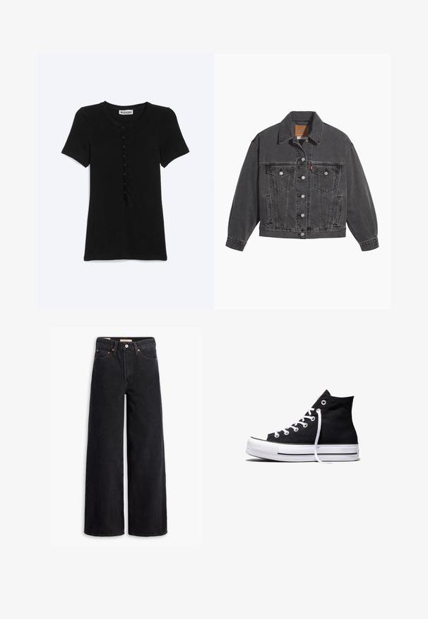 Veste en denim noir avec un col classique, deux poches poitrine, des boutons argentés et une texture légèrement délavée.; Chemise noire à manches courtes avec col rond et fermeture boutonnée devant, étiquetée « Weekday », présentée sur un fond blanc uni.; Jean noir à jambe large en denim, comportant cinq poches, des rivets en laiton et une fermeture à bouton classique. Texture lisse avec un design épuré.; Baskets montantes en toile noire avec semelle en caoutchouc blanche et lacets blancs, vues de côté sur un fond blanc.
