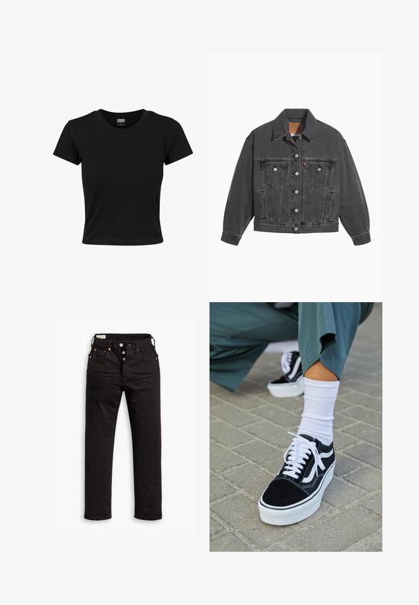 Zwarte spijkerjas met een klassieke kraag, twee borstzakken, zilveren knoopsluitingen en een licht vervaagde structuur.; Zwarte kortekorte mouw t-shirt van gladde katoenen stof, met een ronde halslijn en een getailleerde pasvorm. Geen zichtbare patronen of accenten.; Zwarte rechtlopende jeans met knoopsluiting, voor- en achterzakken, en koperen klinknagels op een witte achtergrond.; Zwarte suède sneaker met witte accenten en veters, uitgerust met een dikke witte zool en contrasterende stiksels, gecombineerd met een witte sok.