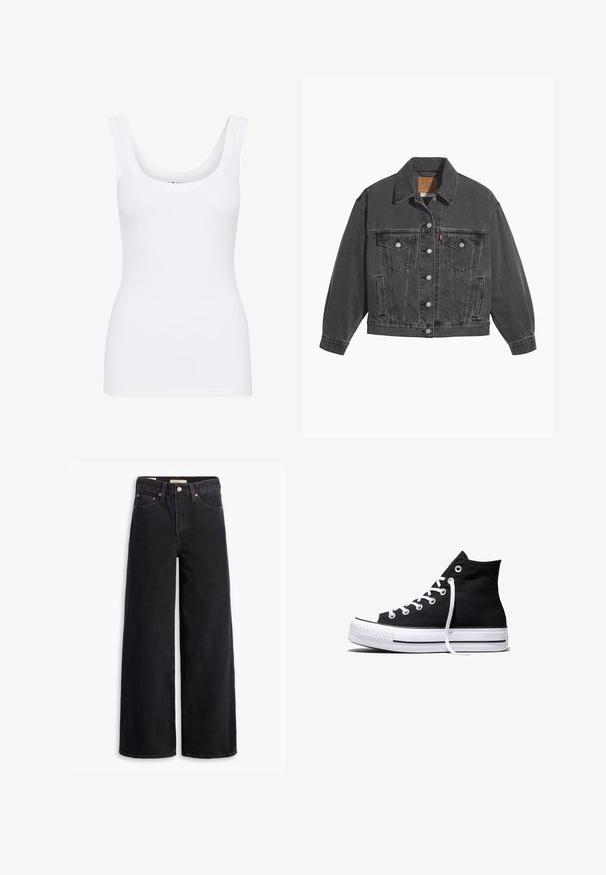 Sort denimjakke med klassisk krave, to brystlommer, sølvfarvede knapper og en let falmet tekstur.; Hvid tanktop med rund udskæring, brede skulderstropper og tætsiddende design, lavet af et glat, strækbart stof.; Sorte brede benjeans lavet af denim, med fem lommer, kobbernitter og en klassisk knaplukning. Glat tekstur med et rent design.; Sort high-top canvas sneaker med hvid gummisål og hvide snørebånd, vist fra siden mod en hvid baggrund.
