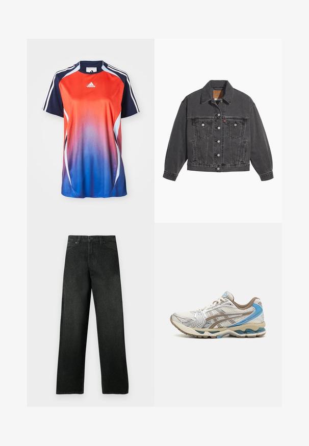 Sort denimjakke med klassisk krave, to brystlommer, sølvfarvede knapper og en let falmet tekstur.; Adidas kortærmet sports T-shirt med en gradient fra rød til blå, med marineblå akcenter og hvide striber langs skuldrene.; Sorte denimjeans med lige ben, forlommer og bæltestropper, knap- og lynlåslukning, vist på en ensfarvet baggrund.; Hvid og beige løbesko med blå accenter, netoverdel, polstret sål og snørelukning, vist fra ydersiden.