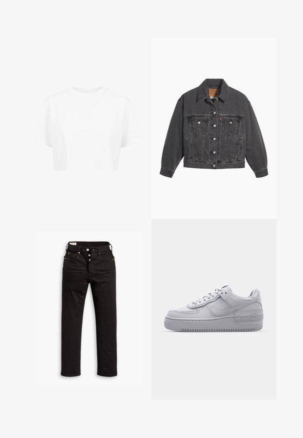 Veste en denim noir avec un col classique, deux poches poitrine, des boutons argentés et une texture légèrement délavée.; T-shirt blanche raccourcie, à manches courtes, col rond, en tissu lisse, sans motifs visibles ni quincaillerie distincte.; Jean noir à jambe droite avec fermeture à boutons, poches avant et arrière, et détails en rivets cuivrés sur fond blanc.; Basket en cuir lisse gris Nike Air Force 1 avec un bout perforé, une semelle épaisse et un détail 'AIR' en relief sur le talon.