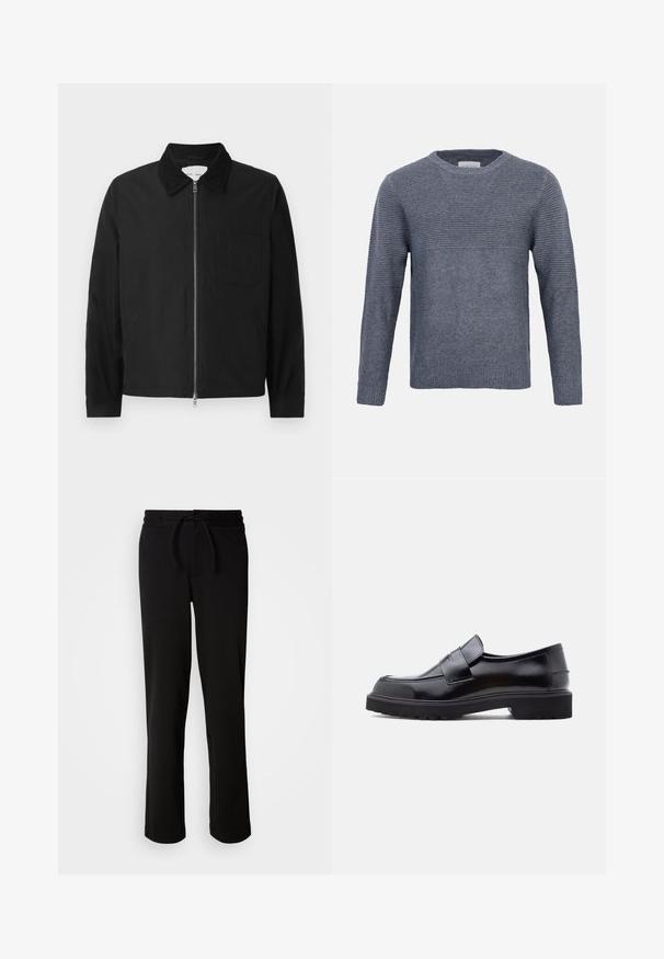 Chaqueta negra de manga larga con cremallera y collar, con un bolsillo en el pecho y dos bolsillos laterales, exhibida sobre un fondo blanco.; Jersey gris de punto con mangas largas, textura acanalada en la parte superior del pecho y las mangas, y tejido sólido en la parte inferior del torso y los puños, con cuello redondo.; Pantalones de chándal negros con cinturilla ajustable, hechos de tela suave y elástica. Presentan un corte relajado con piernas rectas y sin bolsillos visibles.; Zapato negro de piel sin cordones con un diseño elegante, punta redondeada y una suela de goma gruesa y texturizada. Cuenta con una correa decorativa en la parte frontal.