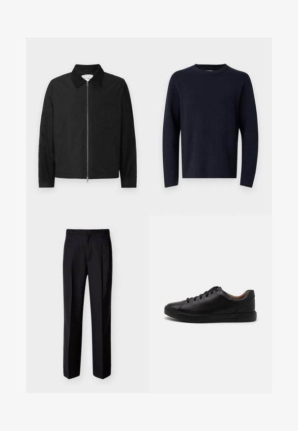 Sort langærmet zip-jakke med krave, en brystlomme og to sidelommer, præsenteret på en hvid baggrund.; Marinblå sweater, rund halsudskæring, lange ærmer, lavet af blødt stof med en glat tekstur. Enkelt design, ingen synlige mønstre eller hardware.; Sorte skræddersyede bukser med lige snit, foldet forstykke og sidelommer. Fremstillet af et glat, let stof med et ensartet mønster.; Sorte lædersneakers med en glat finish, rund tå og seks huller til snørebånd; har en sort gummisål for godt greb.