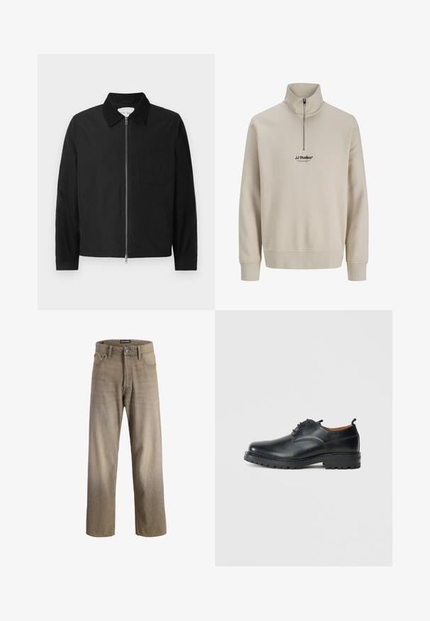 Schwarze Langarm-Jacke mit Reißverschluss und Kragen, einer Brusttasche und zwei Seitentaschen, auf einem weißen Hintergrund präsentiert.; Beige Sweater mit Viertelreißverschluss, langen Ärmeln und gerippten Bündchen. Ausgestattet mit einem kleinen schwarzen "JJ Studios"-Logo auf der Brust. Hergestellt aus weichem Material.; Hellbraune Jeans aus Denim mit geradem Beinschnitt, ausgestattet mit fünf Taschen und einem Knopfverschluss. Verwaschene Textur mit subtilen Farbverlaufseffekten.; Schwarze Leder Derby-Schuhe mit glatter Textur, runder Zehenform, Schnürdesign und einer dicken, robusten Gummisohle.