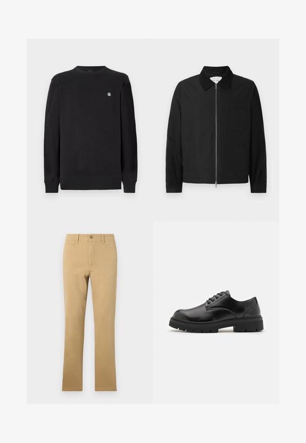 Sort langærmet zip-jakke med krave, en brystlomme og to sidelommer, præsenteret på en hvid baggrund.; Sort langærmet sweatshirts med rund hals og lille hvidt cirkulært logo på venstre bryst, ribbede manchetter og kant.; Kaki-farvede lige ben bukser lavet af bomuld, med knaplukning, forlommer og en glat overflade.; Sorte lædersko med rund tå, snørelukning og en tykk, struktureret gummisål. Har syninger langs kanten og en glat overflade.
