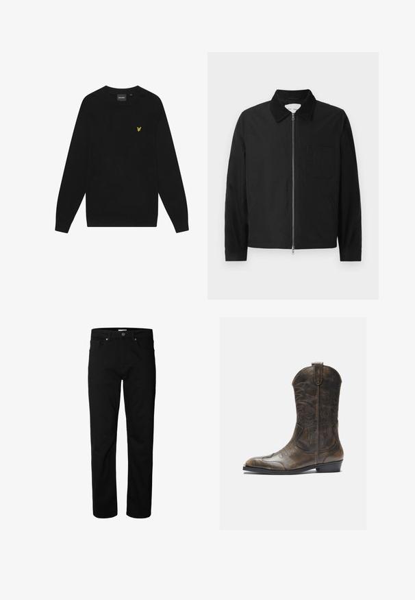 Zwarte lange mouwen ritsjack met kraag, een borstzak en twee zijzakken, weergegeven op een witte achtergrond.; Zwarte katoenen sweatshirt met lange mouwen en een ronde hals. Voorzien van een klein geel adelaarslogo op de borst. Zachte textuur.; Zwarte jeans met rechte pijpen, knoop- en ritssluiting, riemlussen en voor- en achterzakken, getoond tegen een effen witte achtergrond.; Bruine leren cowboylaars met een hoge schacht, spitse neus, ingewikkelde stikpatronen en een kleine hak. Gevarieerde afwerking overal.
